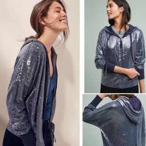 ANTHROPOLOGIE POSTMARK Sequin Full Zip Hoodie Bombard Medium Jacket